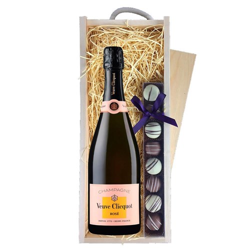 Veuve Clicquot Rose Label 75cl & Truffles, Wooden Box